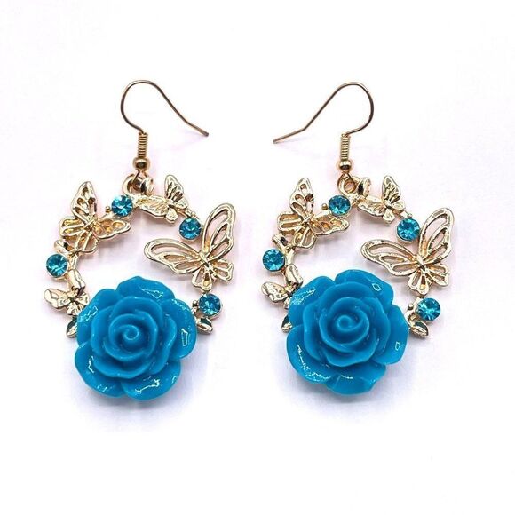 Yellow Gold with Blue Roses and Crystal Dangling Butterfly Hook Earrings - Picture 2 of 8